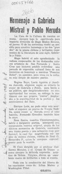 Homenaje a Gabriela Mistral y Pablo Neruda  [artículo] Gilgua.