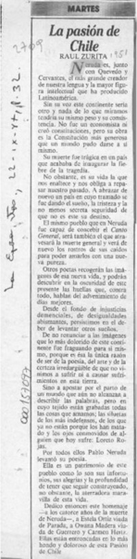 La pasión de Chile  [artículo] Raúl Zurita.
