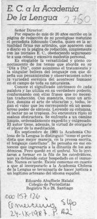 E. C. a la Academia de la Lengua  [artículo] Eduardo Abufhele Halabi.