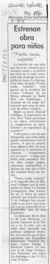 Estrenan obra para niños  [artículo].