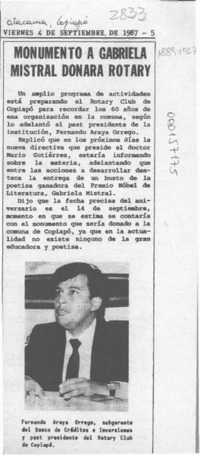 Monumento a Gabriela Mistral donará Rotary  [artículo].