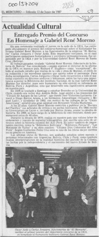 Entregado premio del concurso en homenaje a Gabriel René Moreno  [artículo].