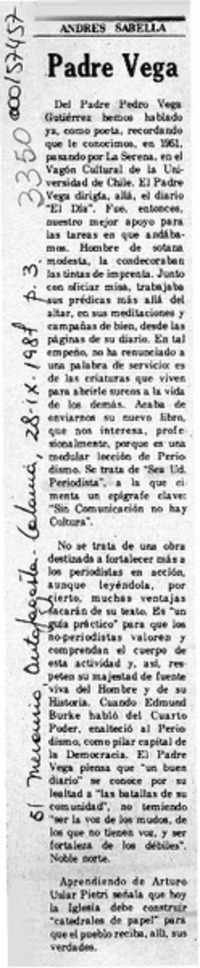 Padre Vega  [artículo] Andrés Sabella.