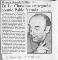En La Chascona entregarán premio Pablo Neruda  [artículo].