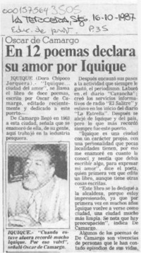 En 12 poemas declara su amor por Iquique  [artículo] Dora Chipoco Jorquera.