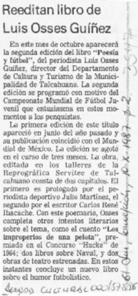 Reeditan libro de Luis Osses Guíñez  [artículo].