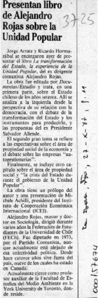 Presentan libro de Alejandro Rojas sobre la Unidad Popular  [artículo].