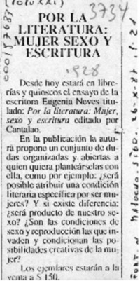 Por la literatura, mujer sexo y escritura  [artículo].