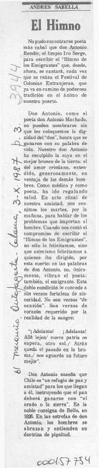El himno  [artículo] Andrés Sabella.