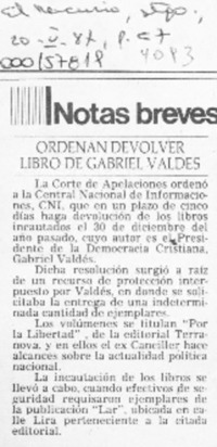 Ordenan devolver libro de Gabriel Valdés  [artículo].