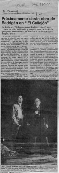Próximamente darán obra de Radrigán en "El Callejón"  [artículo].