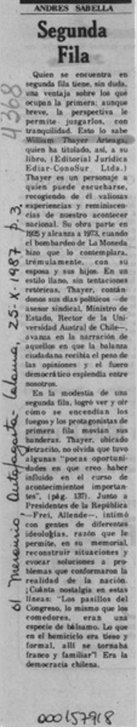 Segunda fila  [artículo] Andrés Sabella.