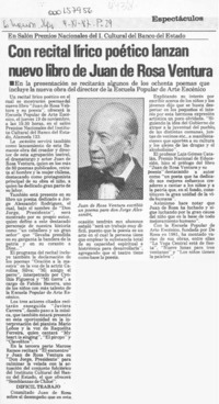 Con recital lírico poético lanzan nuevo libro de Juan de Rosa Ventura  [artículo].