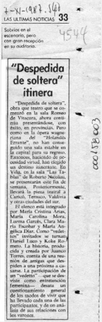 "Despedida de soltera" itinera  [artículo] .
