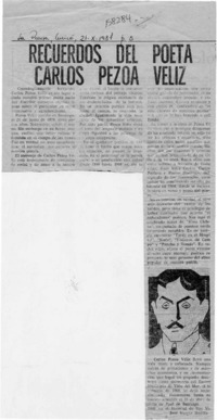 Recuerdos del poeta Carlos Pezoa Véliz  [artículo] José Vargas Badilla.