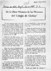 De la obra "Historia de las misiones del colegio de Chillán"  [artículo] Héctor M. Morales V.