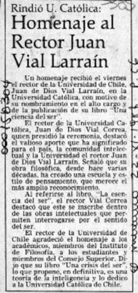 Homenaje al Rector Juan Vial Larraín  [artículo].