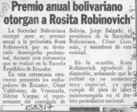 Premio anual bolivariano otorgan a Rosita Robinovich  [artículo].