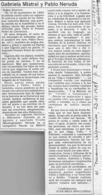 Gabriela Mistral y Pablo Neruda  [artículo] Juan Meza Sepúlveda.