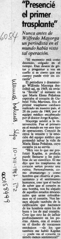 "Presencié el primer trasplante"  [artículo].