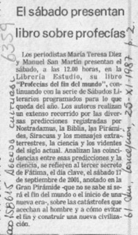 El Sábado presentan libro sobre profecías  [artículo].