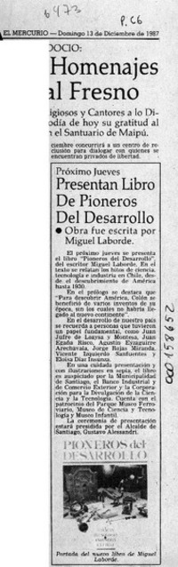 Presentan libro de "Pioneros del desarrollo"  [artículo].