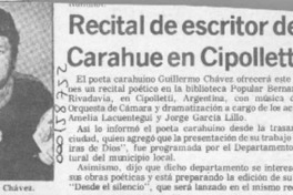 Recital de escritor de Carahue en Cipolletti  [artículo].