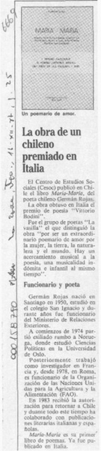 La Obra de un chileno premiado en Italia  [artículo].