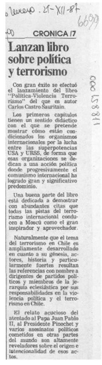 Lanzan libro sobre política y terrorismo  [artículo].