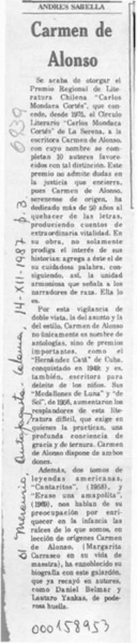 Carmen de Alonso  [artículo] Andrés Sabella.