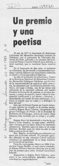 Un premio y una poetisa  [artículo] Ariel.