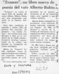 "Trances", un libro nuevo de poesía del vate Alberto Rubio  [artículo].
