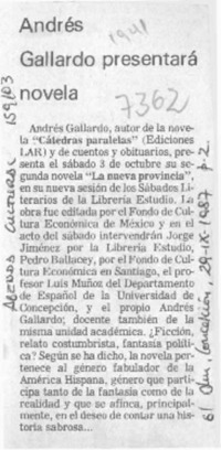 Andrés Gallardo presentará novela  [artículo].