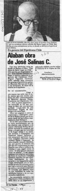 Alaban obra de José Salinas C.  [artículo] Miguel Figueroa Carmona.