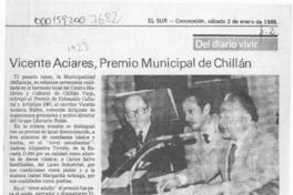 Vicente Aciares, Premio Municipal de Chillán  [artículo] Cronos.