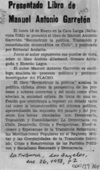 Presentado libro de Manuel Antonio Garretón  [artículo].