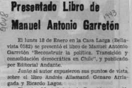 Presentado libro de Manuel Antonio Garretón  [artículo].