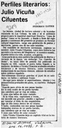 Perfiles literarios, Julio Vicuña Cifuentes  [artículo] Federico Tatter.