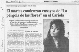 El Martes comienzan ensayos de "La pérgola de las flores" en el Cariola  [artículo].