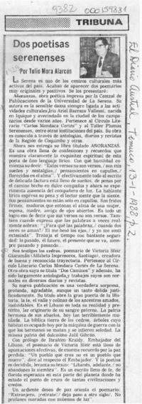Dos poetisas serenenses  [artículo] Tulio Mora Alarcón.