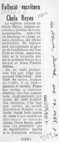 Falleció escritora Chela Reyes  [artículo].
