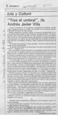 "Tras el umbral", de Andrés Javier Villa  [artículo] Isabel Barrientos Díaz.