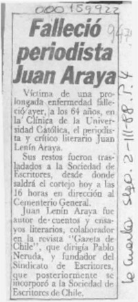 Falleció periodista Juan Araya  [artículo].