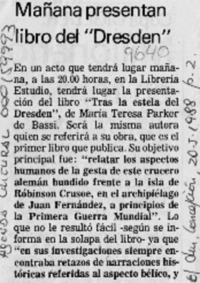 Mañana presentan libro del "Dresden"  [artículo].