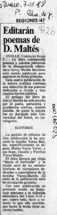Editarán poemas de D. Maltés  [artículo] Lincoyán Rojas P.