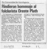 Rindieron homenaje al folclorista Oreste Plath  [artículo].