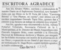 Escritora agradece  [artículo].