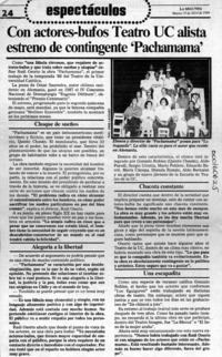 Con actores-bufos Teatro UC alista estreno de contingente "Pachamama"  [artículo].