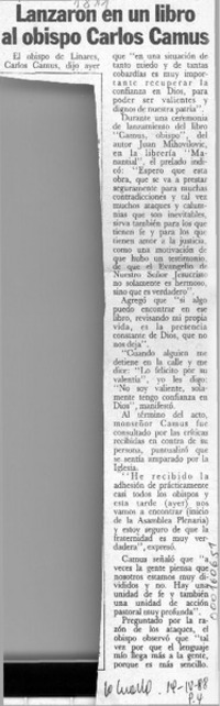 Lanzaron en un libro al Obispo Carlos Camus