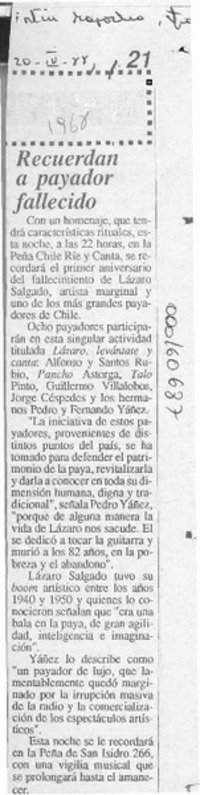 Recuerdan a payador fallecido  [artículo].